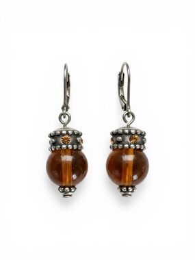Amber Glass Bead Dangle Earrings with Antique Silver Accents - Brown
